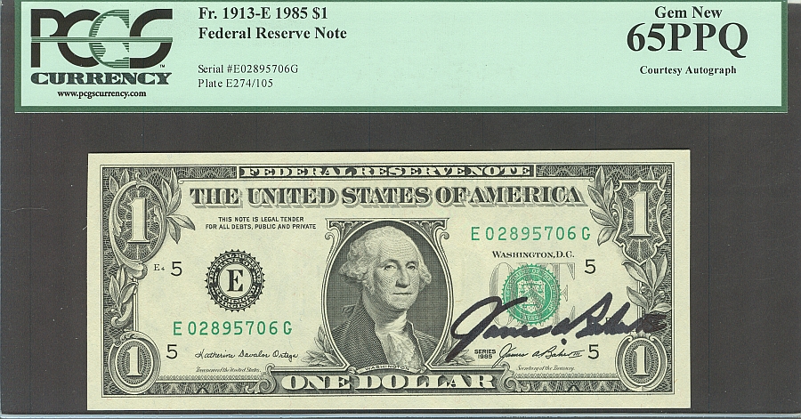 Fr.1913-E 1985 $1 Richmond FRN, Treasury Secretary James Baker Autograph, GemCU